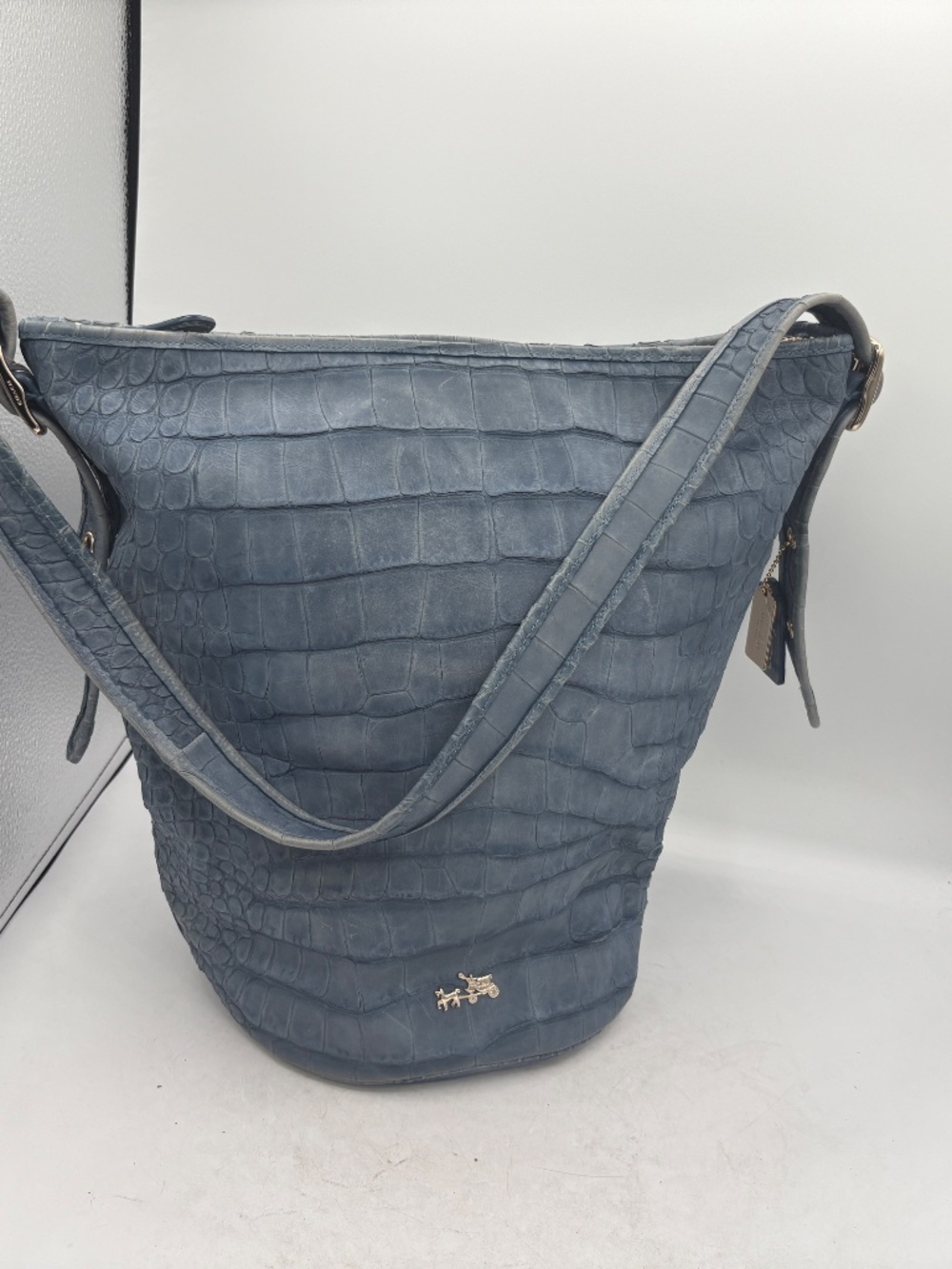 RARE COACH Limited Edition Croc Embossed Denim Blue Leather Bucket Duffle Bag